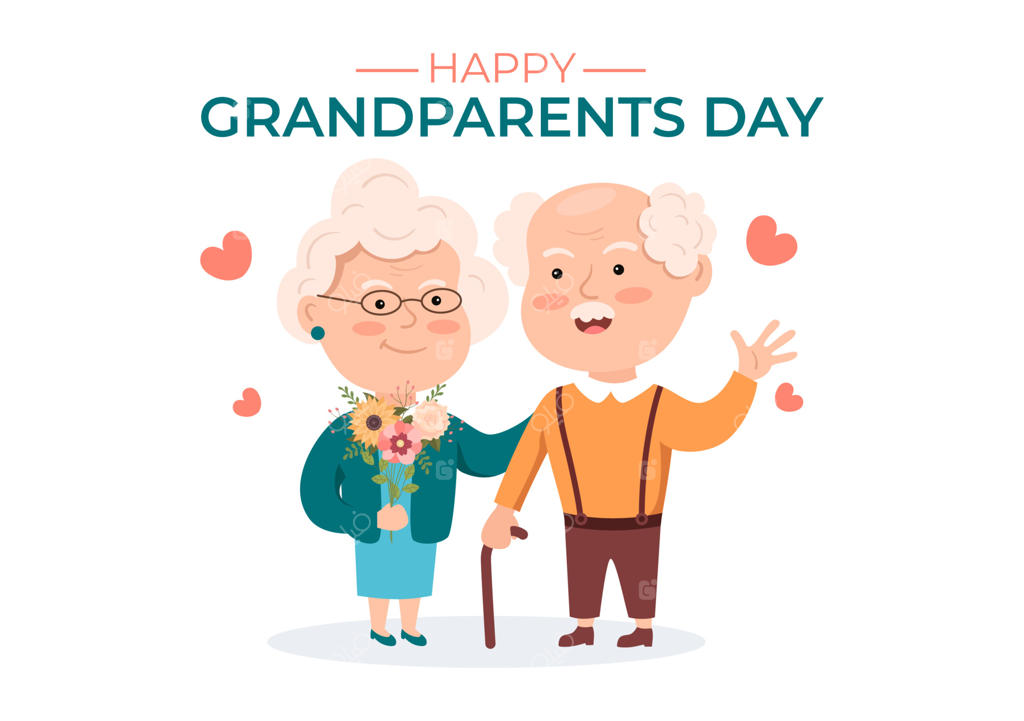 تصویرسازی کارتونی بامزه تبریک روز پدربزرگ و مادربزرگ با طرح زوج سالمند و تزئینات گل به سبک تخت، مناسب برای پوستر و کارت تبریک
