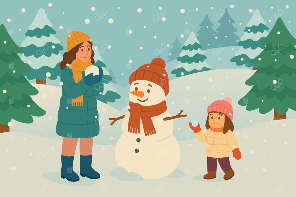 لذت زمستانی؛ مادر و دختر در حال ساخت آدم‌برفی - وکتور حرفه‌ای