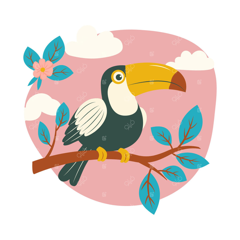 مرغ توکان جذاب نشسته روی شاخه درخت در باغ