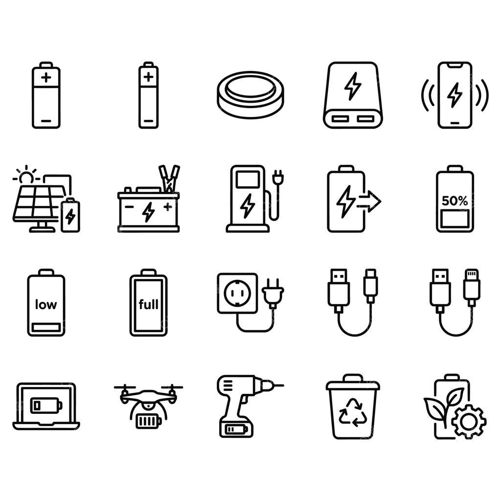 وکتور حرفه‌ای آیکون‌های ضروری باتری و شارژ برای فناوری مدرن