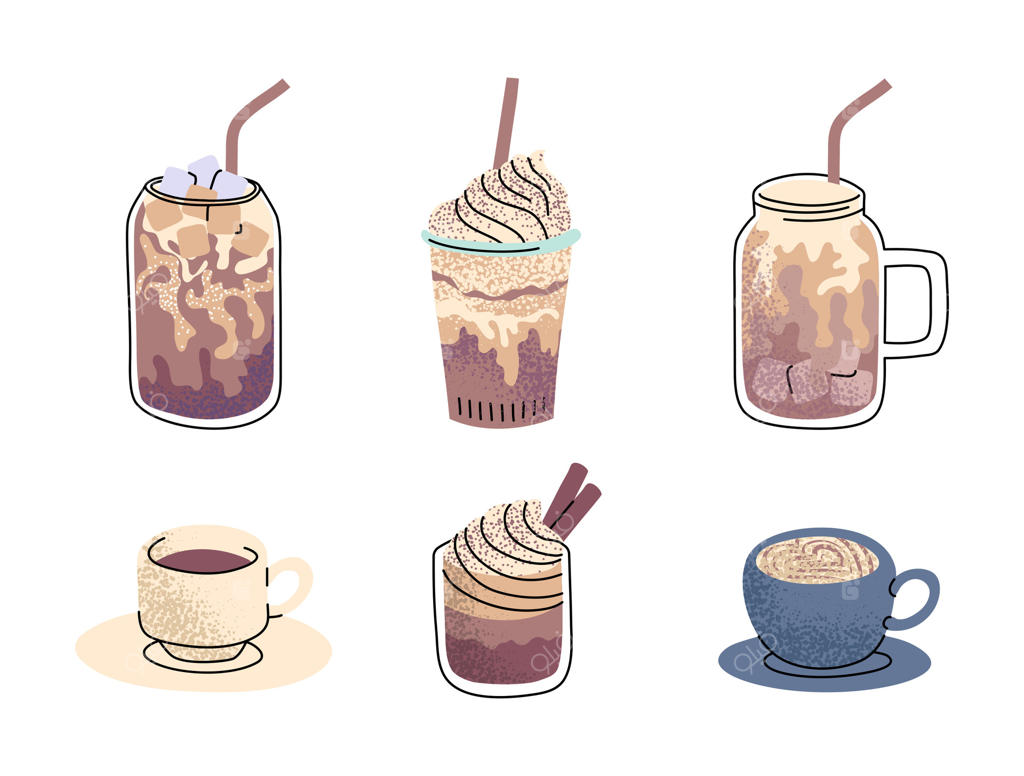 نوشیدنی‌های مختلف قهوه داغ و یخی به‌صورت کارتونی با عناصر طراحی خطی.
