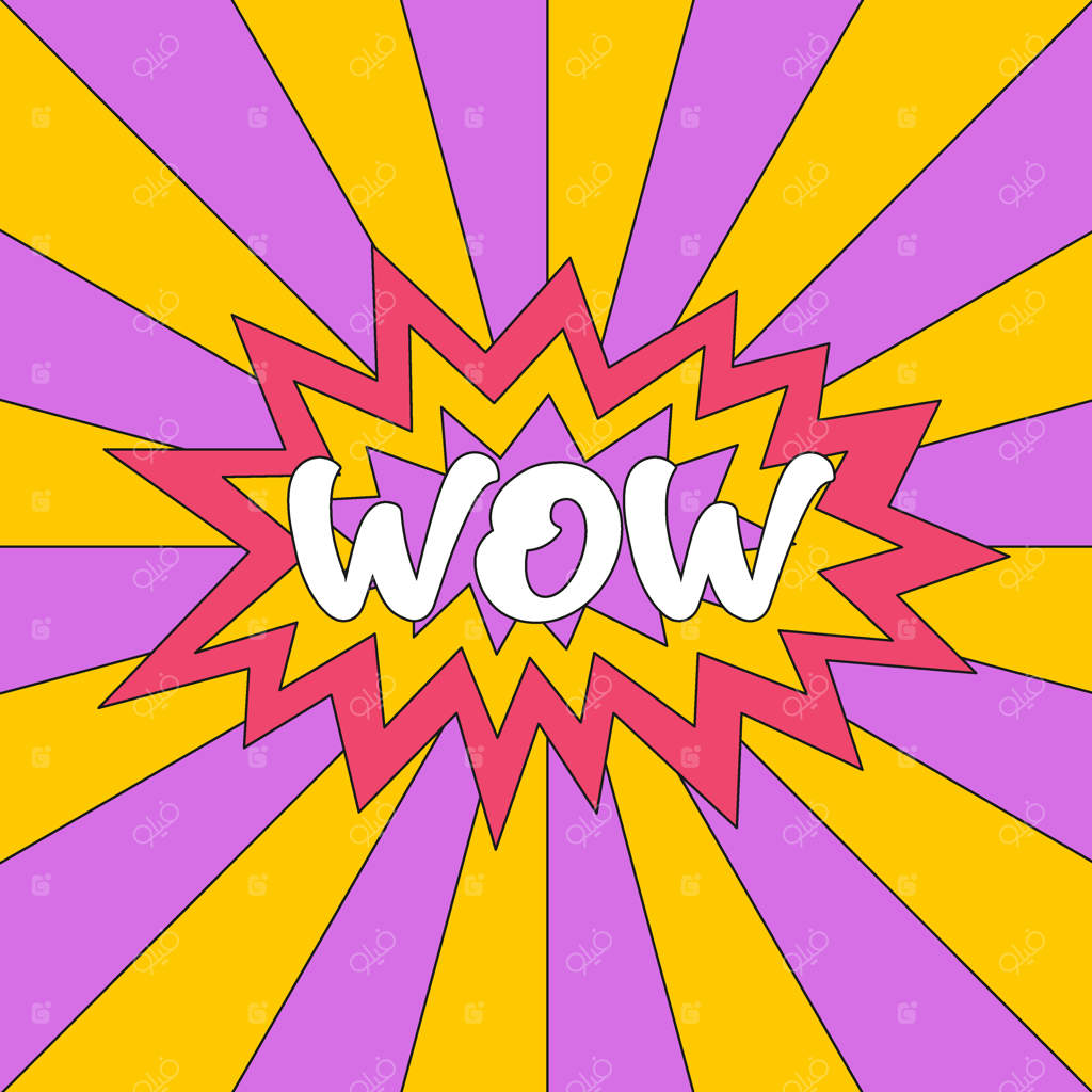 کارت مربع رترو با عبارت "وای" - ترکیب متنی جذاب با حروف برجسته - پوستر وکتور روی زمینه زرد و بنفش با پرتوها