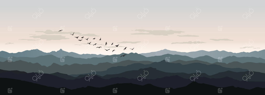 منظره طبیعت روستایی؛ ضد نور پرواز پرنده بر فراز تپه‌ها و آسمان، حیات وحش، خط افق کوهستان و نمای تفرجگاه