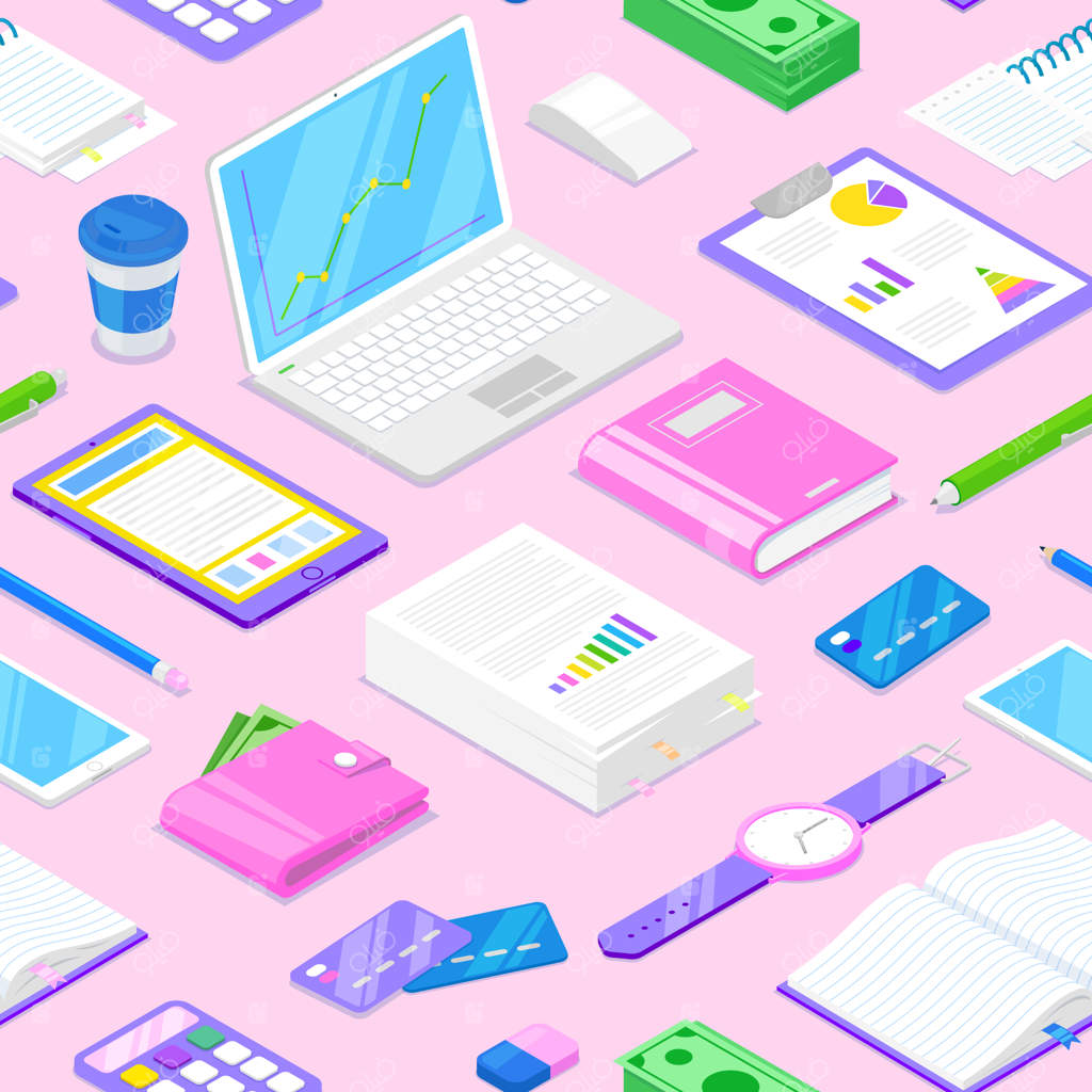 پترن یکپارچه با لوازم زنانه و لوازم‌التحریر روی زمینه صورتی