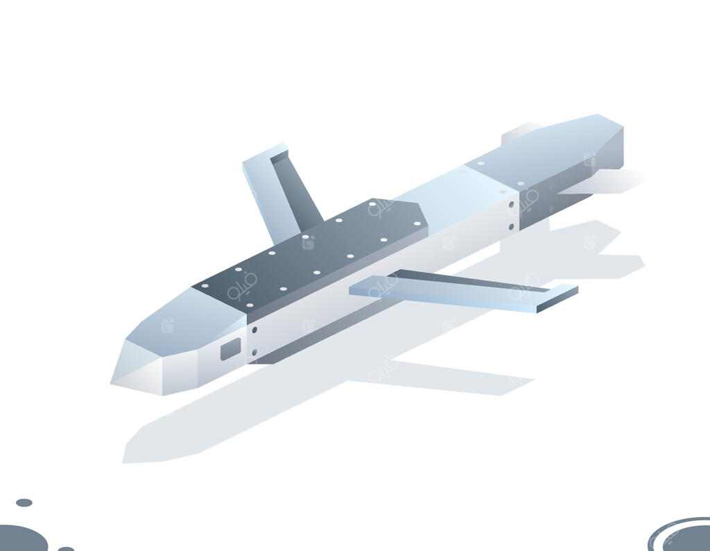 موشک کروز نظامی ایزومتریک. شیء در پس‌زمینه سفید جدا شده. موشک کروز هوابه‌زمین. موشک حمله به اهداف زمینی. بمباران. تسلیحات.