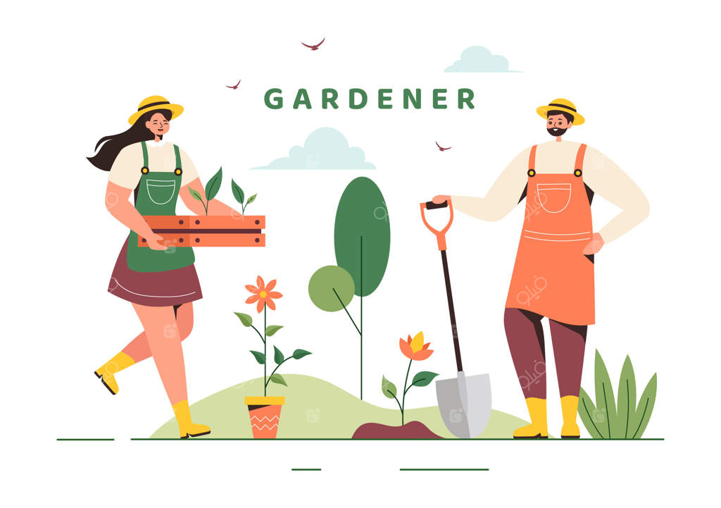 تصویر باغبان با ابزار باغبانی و پرورش سبزیجات در پس‌زمینه کارتونی سبک تابستانی و گیاه‌شناسی