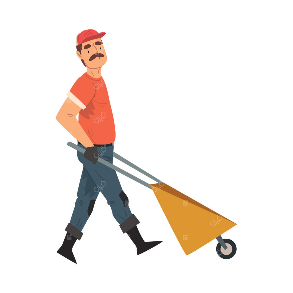 مرد باغبان با فرغون، تصویر کشاورز مرد در حال کار در باغ یا مزرعه