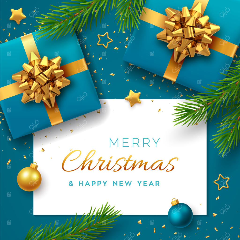 کریسمس با بنر مربعی کاغذی و جعبه‌های هدیه آبی با پاپیون طلایی مناسبتی