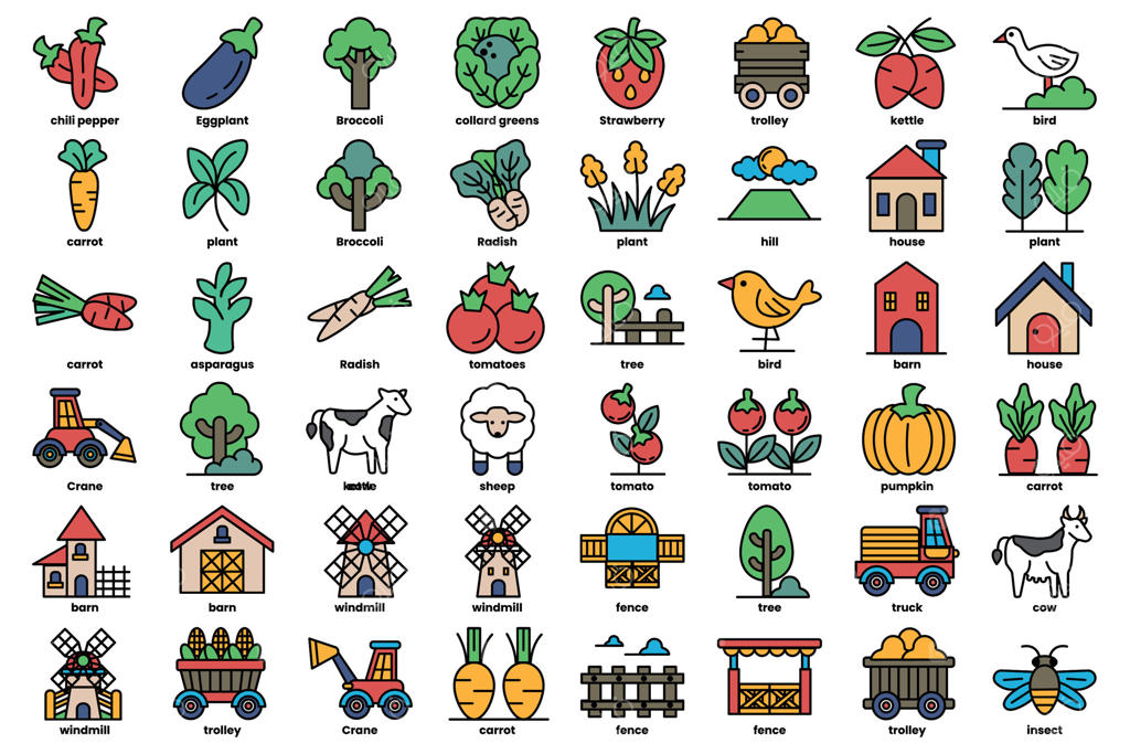 مجموعه‌ای از آیکون‌های مزرعه و باغ، شامل انواع سبزیجات و میوه‌ها