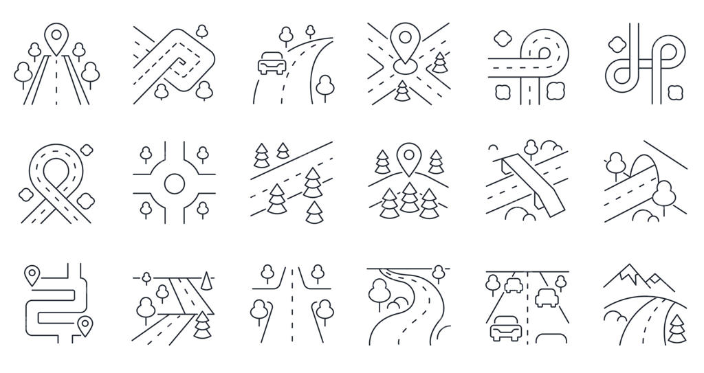 آیکون خطوط جاده: تونل‌ها، پل‌ها، جاده‌های پیچ در پیچ و دوربرگردان‌ها. مجموعه راه‌های شهری و عناصر اطلاعاتی ترافیک