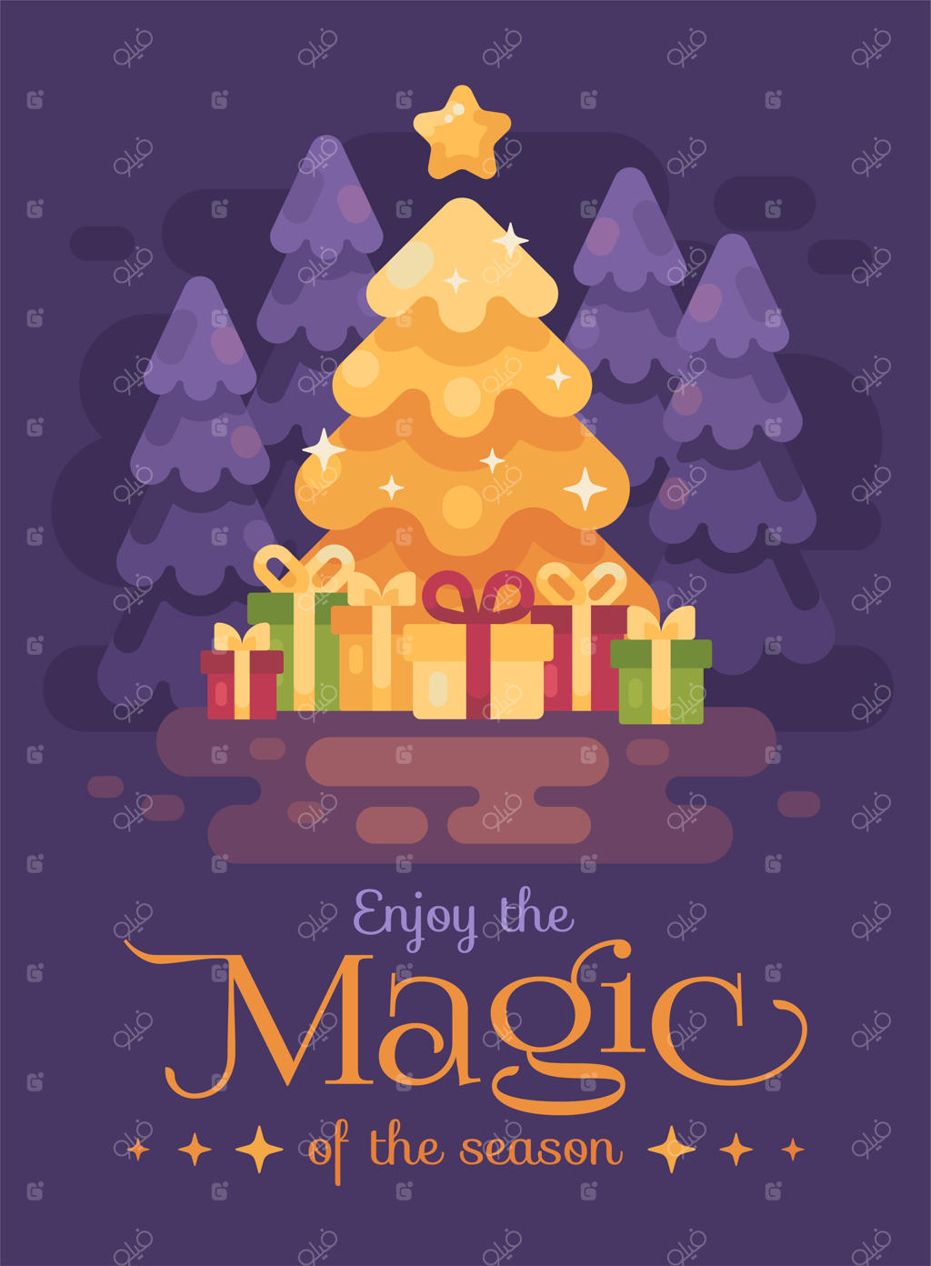 درخت کریسمس نورانی با هدایایی در جنگل شبانه