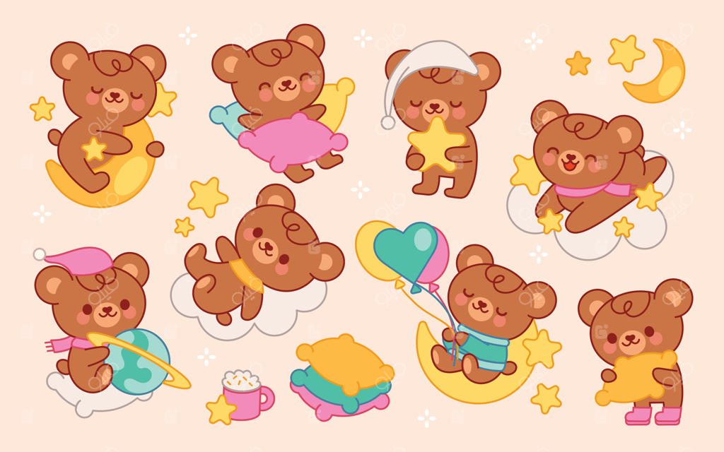 خرس‌های کارتونی زیبا در حال بازی با ستاره‌ها و ابرها - وکتور حرفه‌ای و با کیفیت بالا