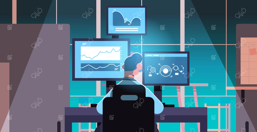 مرد معامله‌گر بازار بورس در حال تحلیل نمودارها و نرخ‌ها روی مانیتورهای کامپیوتر در محیط کاری - مفهوم عکس برداری افقی