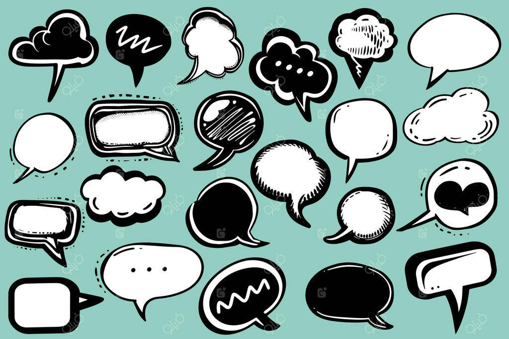 مجموعه‌ای از بادکنک‌های گفت‌وگو دست‌کشیده. نقوش کمیک مد روز. بادکنک مکالمه، حباب چت. طراحی آزادانه