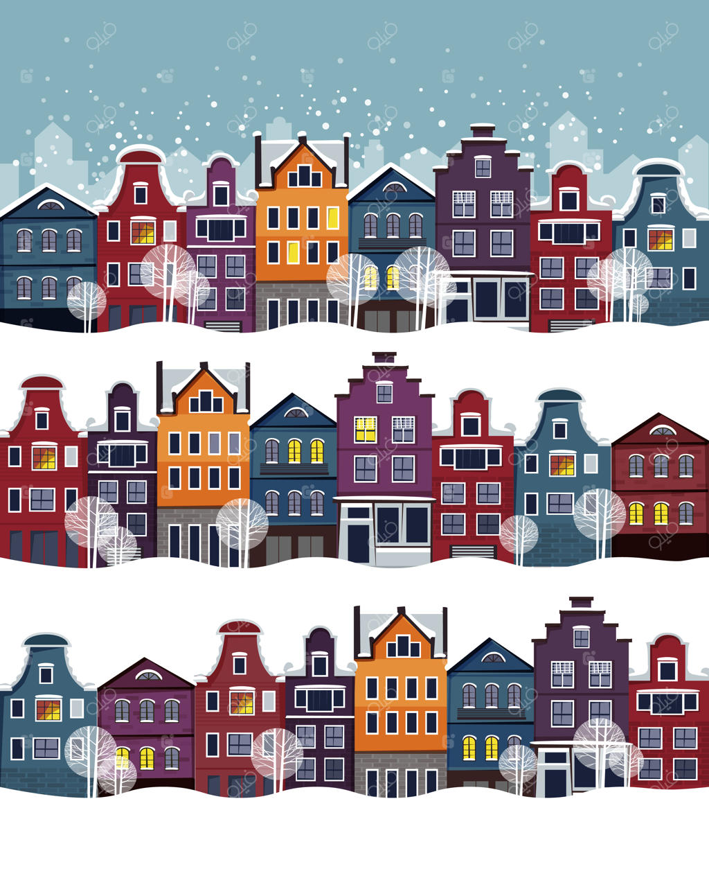 خیابان‌های زمستانی با خانه‌های زیبا و بارش برف در سبک فلت