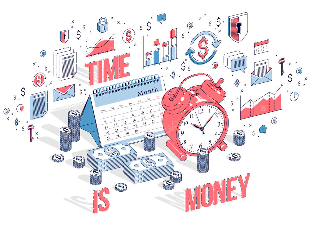 مفهوم ضرب الاجل: ساعت زنگ‌دار و تقویم در کنار انبوهی از پول نقد. تصویرسازی سه‌بعدی ایزومتریک برای کسب‌و‌کار با آیکون‌ها، نمودارها و عناصر طراحی.