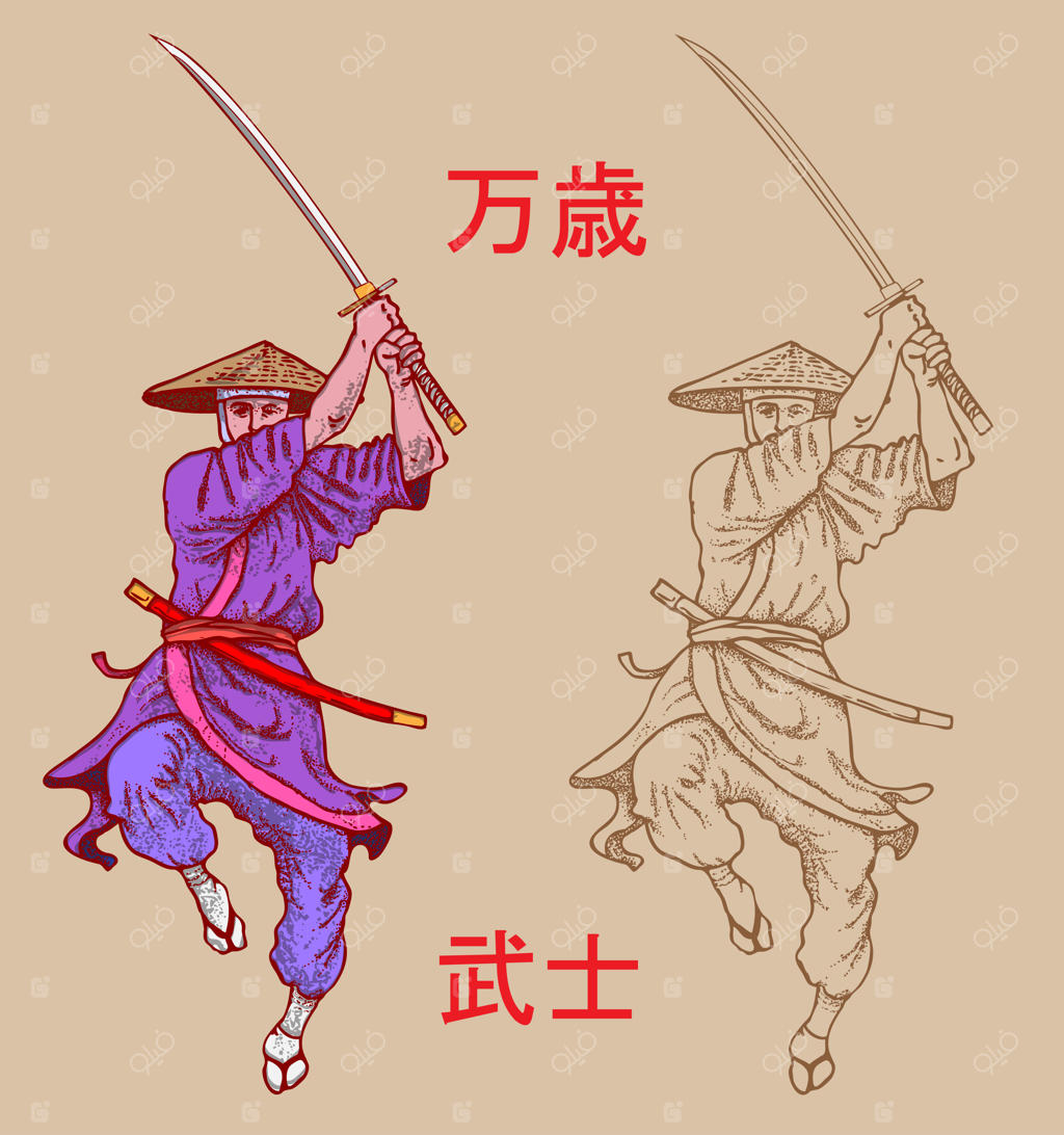 سامورایی با شمشیر در سبک گرافیک رنگی و هیروگلیف‌ها