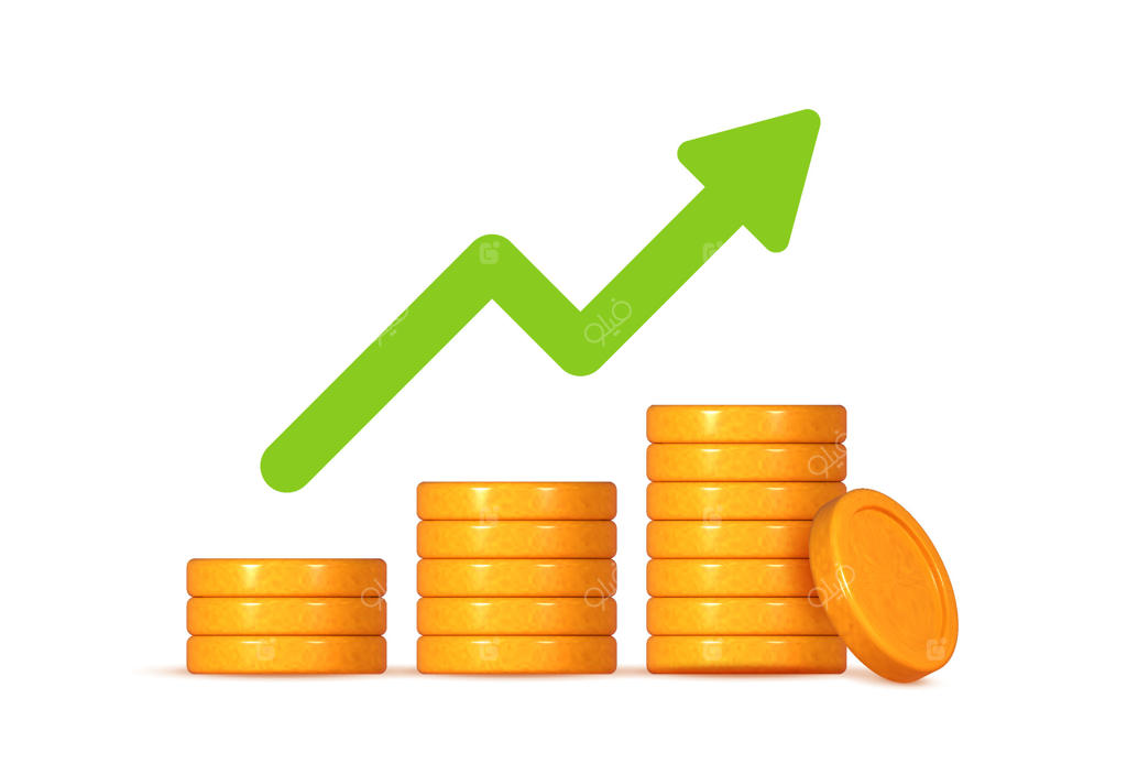 پشته سکه‌های سه‌بعدی با پیکان رو به بالا، نمادی از رشد مالی، سرمایه‌گذاری و افزایش سود.