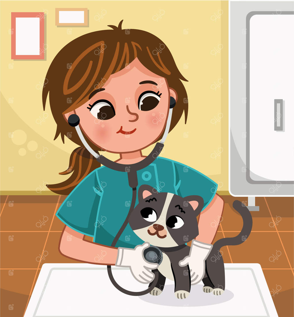 تصویر وکتور از دامپزشکی در حال معاینه یک گربه.