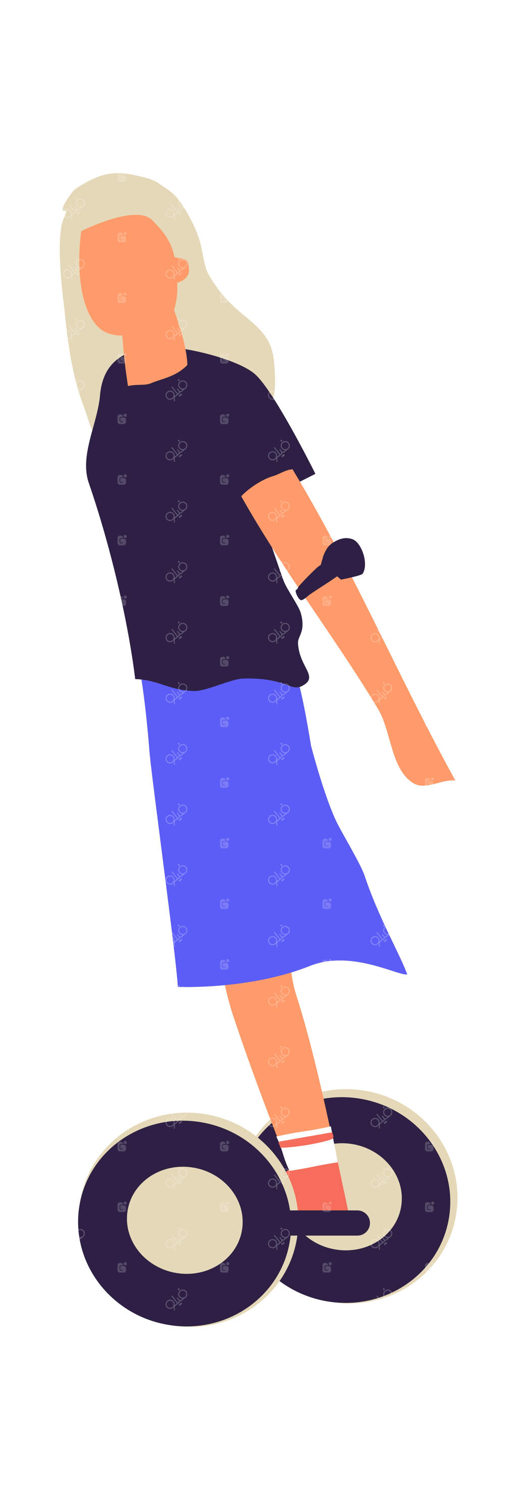 زن سوار بر هاوربرد: دختری کارتونی در حال رانندگی ژیروسکوتر، حمل‌ونقل الکتریکی مدرن و متعادل‌کننده در شهر، بانویی بر روی تخته دوچرخ الکتریکی، شخصیت کارتونی در حال حرکت روی اسکوتر.