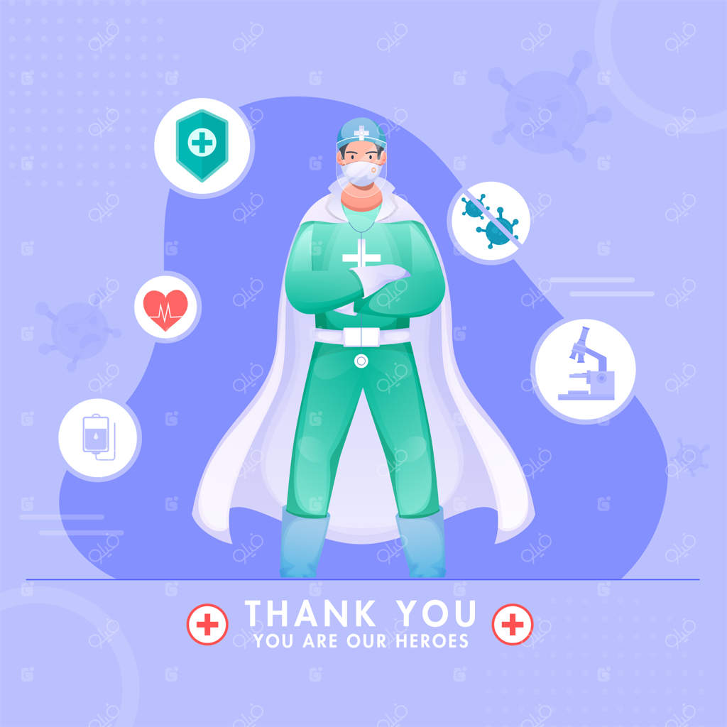 تشکر از پزشک قهرمان با لباس محافظ برای مبارزه با کروناویروس.