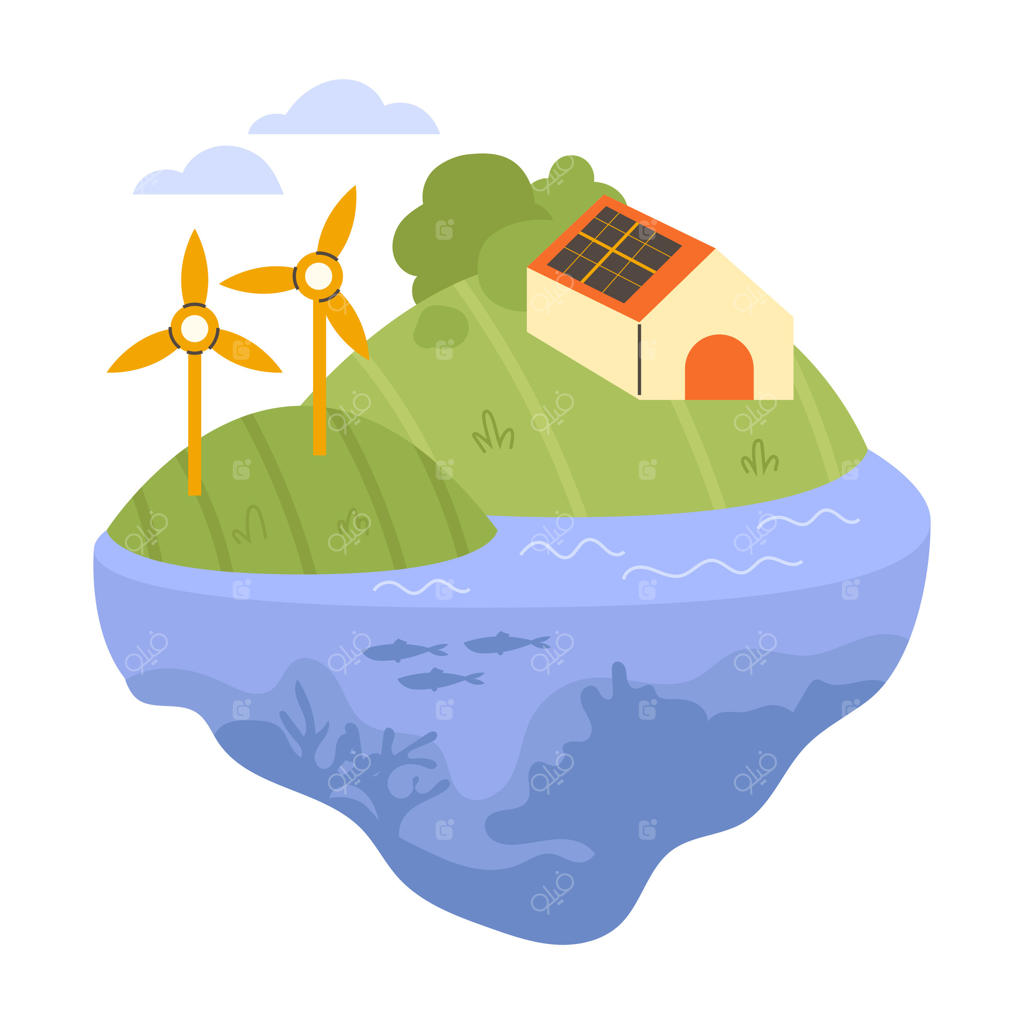 مفهوم انرژی سبز و اکولوژی: توربین‌های بادی و پنل‌های خورشیدی بر روی پشت‌بام خانه‌ها