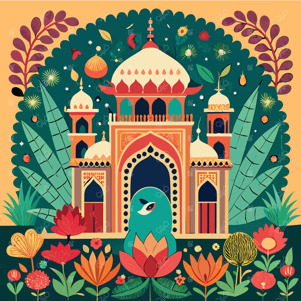 عمارت باغ مغول با مجسمه‌های فیل و طاووس