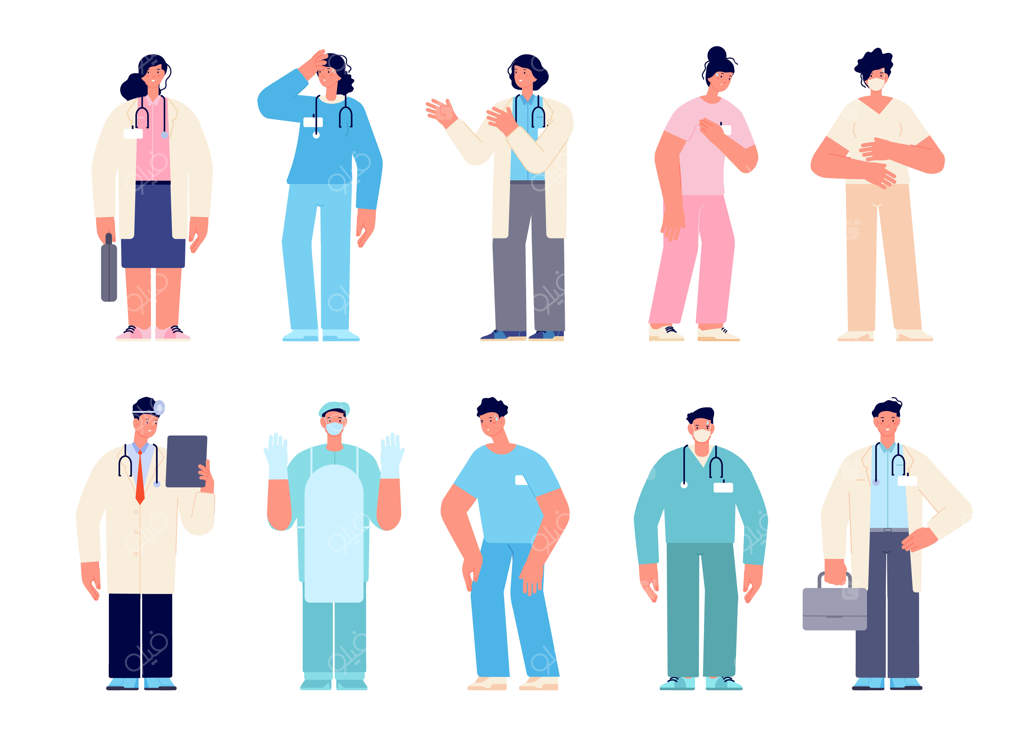 شخصیت‌های مختلف پزشکی: پزشکان مرد، پرستار با ماسک، دندانپزشک کارتونی، جراحان مرد، کار در بیمارستان، کارآموز زن - مجموعه وکتور