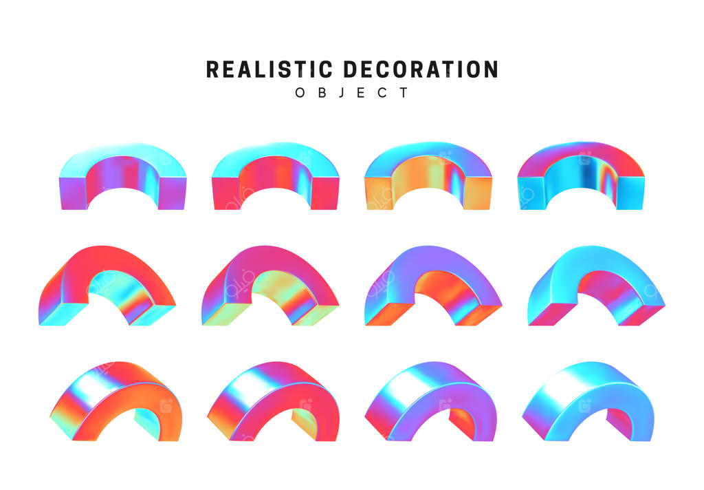 مجموعه اشکال هندسی سه‌بعدی با رنگ‌های هولوگرامی گرادینت در پس‌زمینه سفید، وکتور المان‌های واقع‌گرایانه
