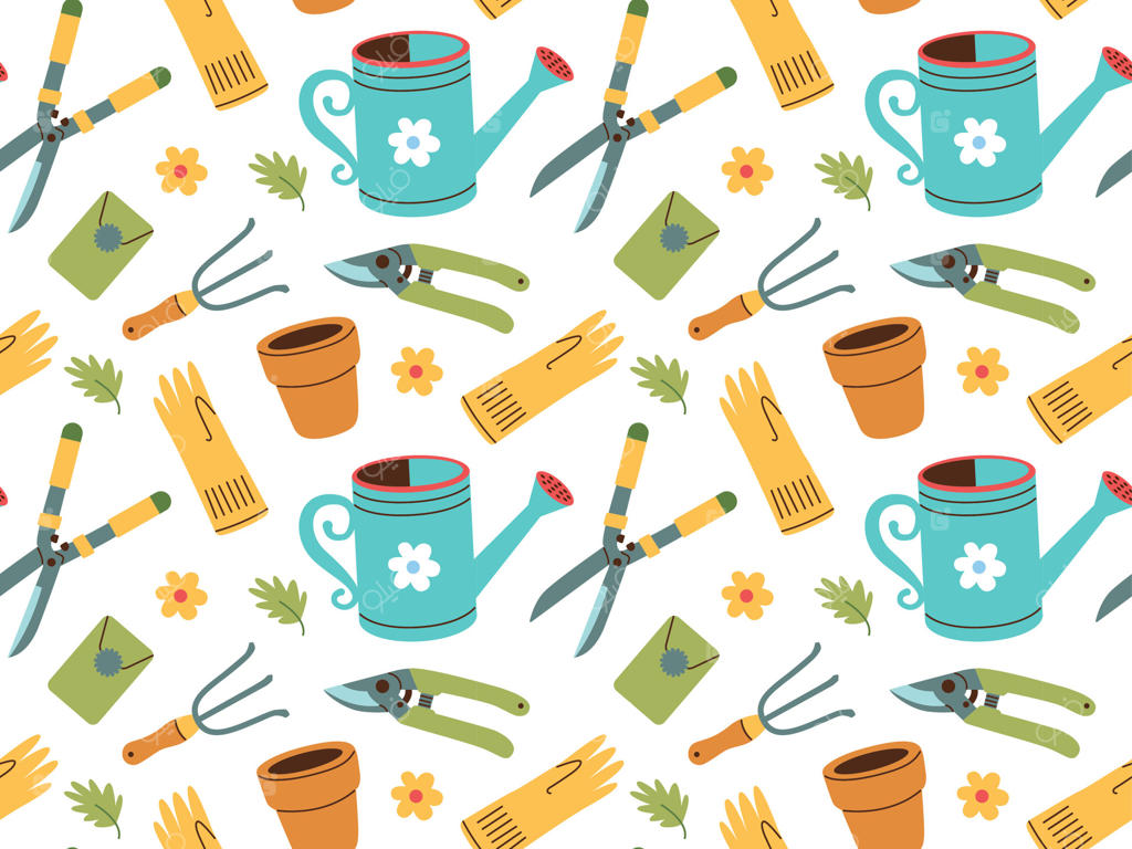 طرح یکپارچه از وسایل باغبانی به سبک طراحی دستی. ابزارهای کشاورزی و باغبانی برای کارهای بهاری.