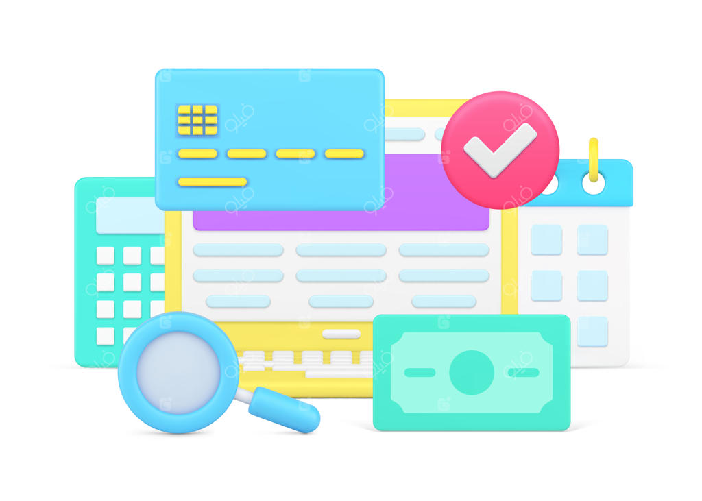 پرداخت آنلاین موفق با یادآور برنامه‌ریزی روی لپ‌تاپ به همراه پول نقد و کارت اعتباری - تصویرسازی سه‌بعدی. مدیریت و محاسبه ماهانه مالی با ذره‌بین