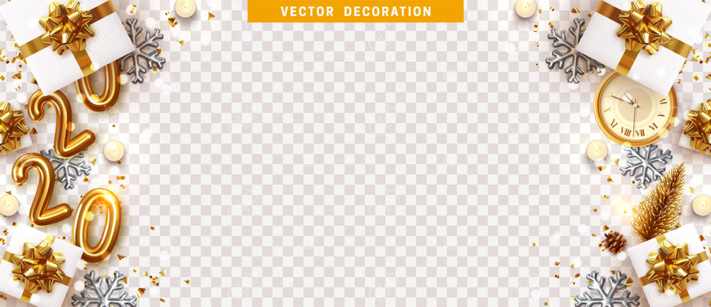 پس‌زمینه مرزی برای تعطیلات کریسمس و سال نو: عناصر خاص تزییناتی: عدد طلایی ۲۰۲۰، جعبه‌های هدیه، درخت کریسمس پرپشت، اشیاء تزیینی جشن، اکلیل‌های طلایی براق.