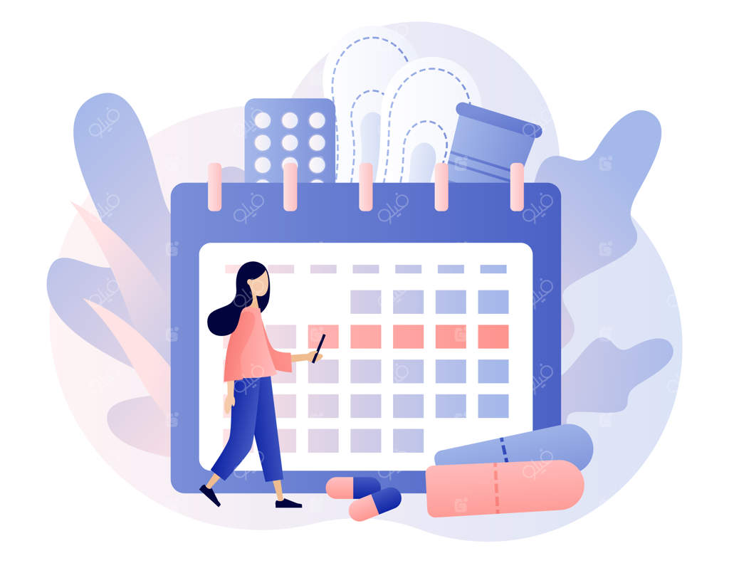 مفهوم دوره قاعدگی: دختر کوچک با تقویم بزرگ، کاپ قاعدگی، تامپون و قرص‌ها