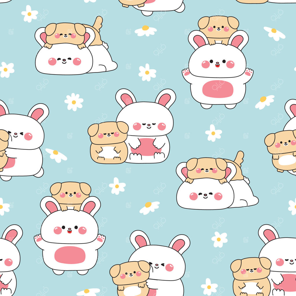 پترن یکپارچه از خرگوش بزرگ بامزه و سگ کوچولو در حالت‌های مختلف با پس‌زمینه گل. دوستی و عشق. شخصیت‌های کارتونی حیوانات خانگی و جونده. تصویرسازی.