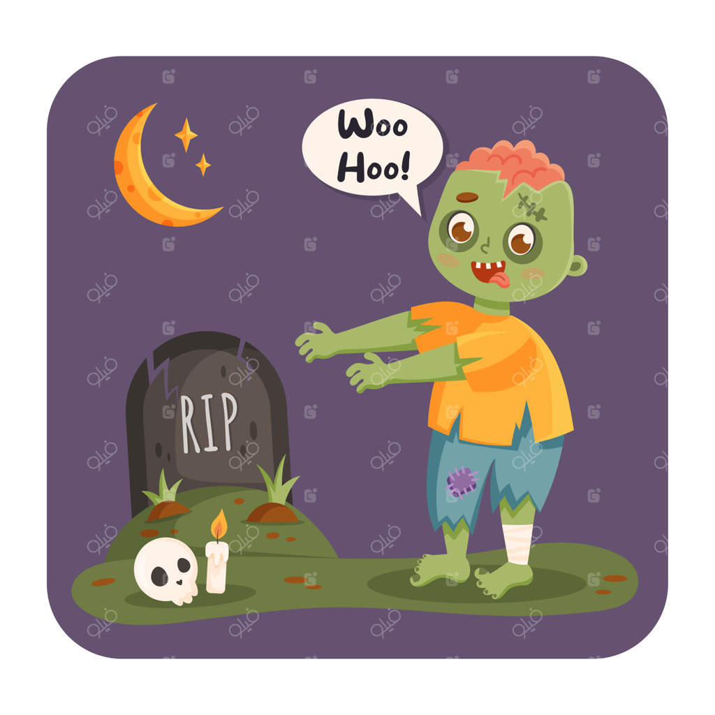 پسری در لباس زامبی در کنار قبر روی چمن ایستاده است