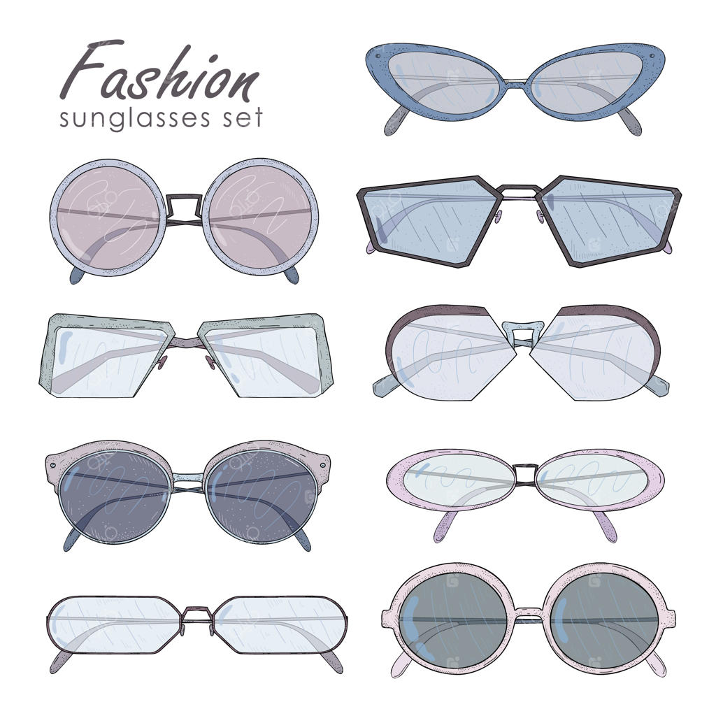 مجموعه عینک‌های مد: عینک‌های آفتابی دست‌کشیده، کلاسیک، مدرن و آینده‌نگر