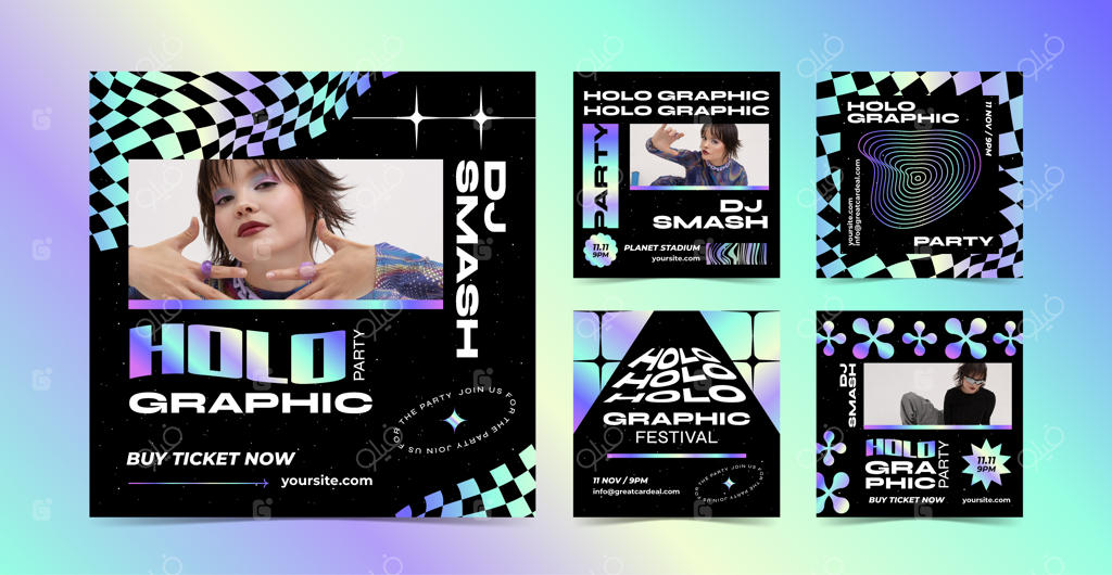 مجموعه‌ای از پست‌های اینستاگرامی با طرح‌های گرادیان هولوگرافیک