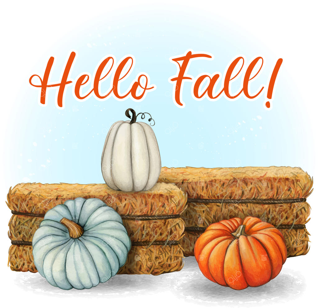 کدو حلوایی و بسته‌های کاه نقاشی شده با آبرنگ