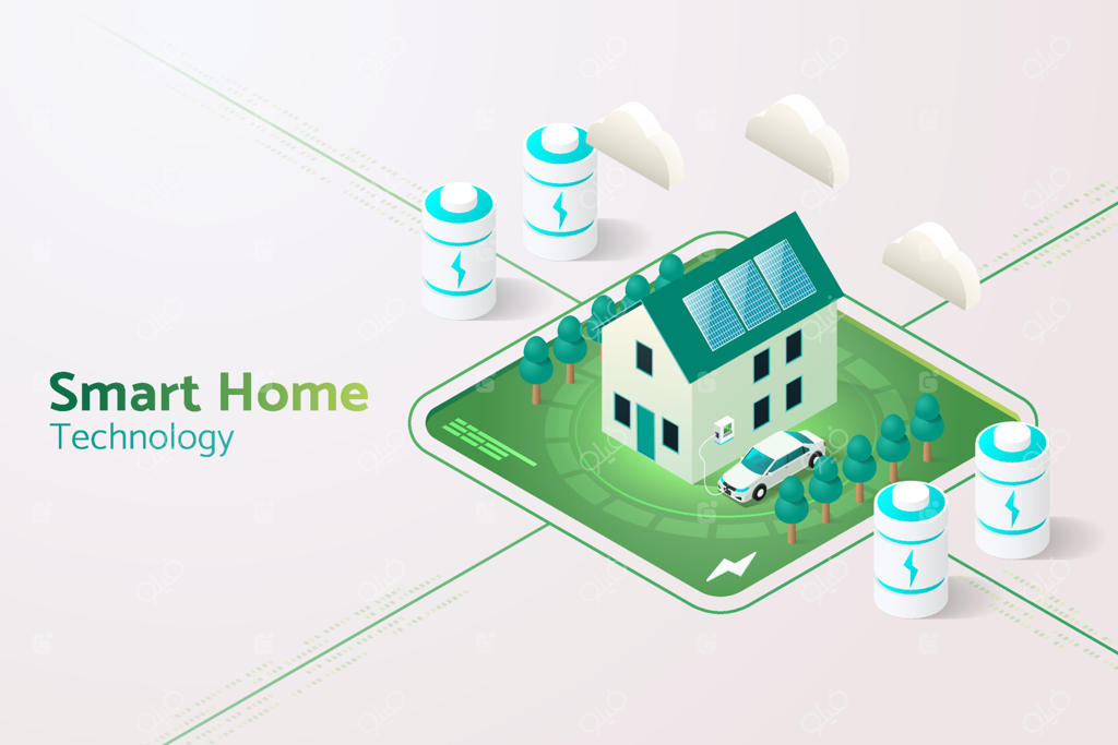 خانه هوشمند با پنل‌های خورشیدی روی پشت‌بام و ایستگاه‌های شارژ خودروی برقی