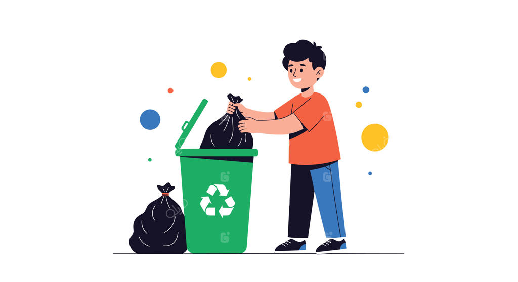 پسربچه در حال انداختن زباله در سطل بازیافت برای تمیز نگه داشتن محیط زیست