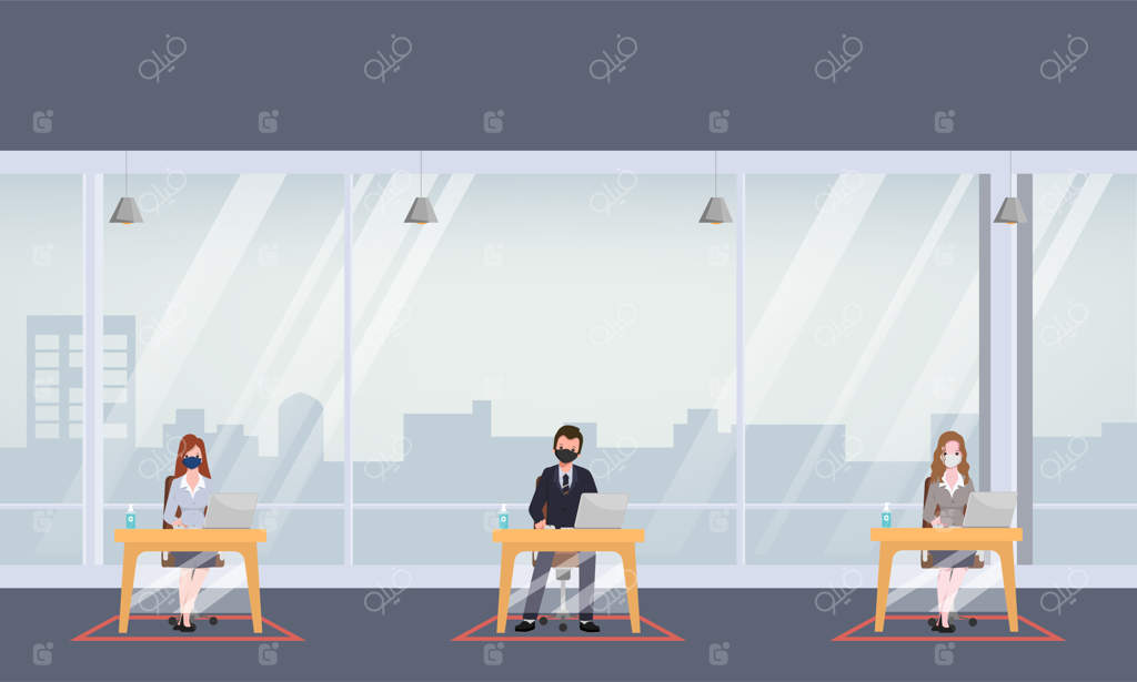 افراد در دفتر کار با حفظ فاصله اجتماعی کار می‌کنند. سبک زندگی جدید در محیط کار.