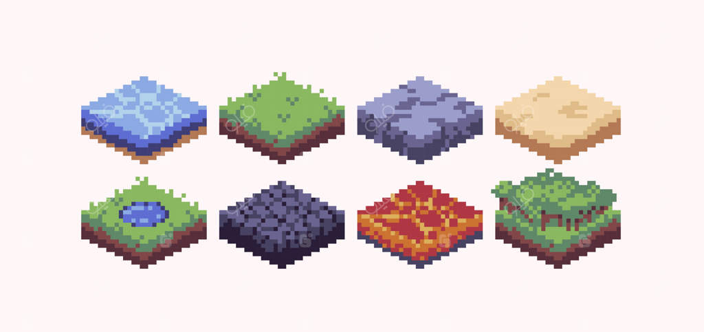 مجموعه هنری ایزومتریک کاشی‌های چشم‌انداز. بلوک‌های ساخت نقشه. شبکه زمین‌های زیست‌بومی.