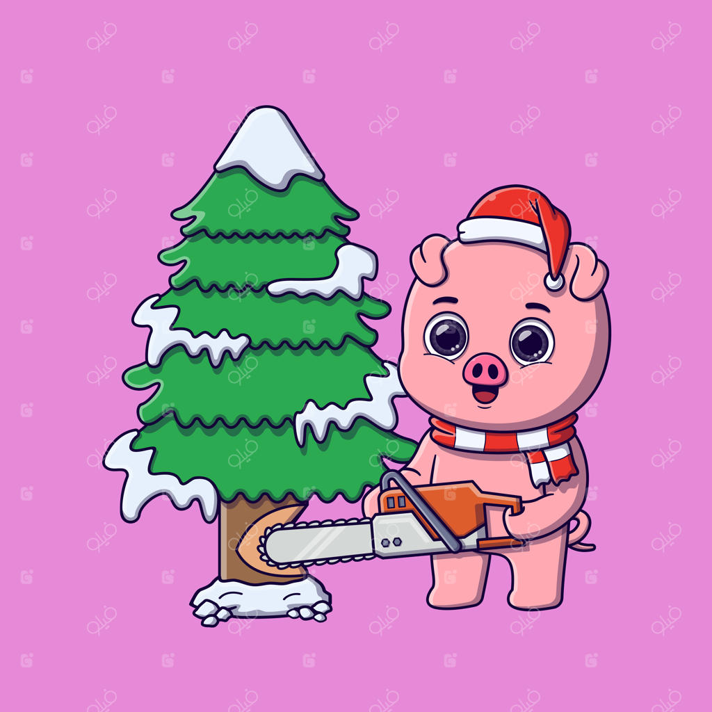 خوک بامزه در حال بریدن درخت کاج با اره برقی