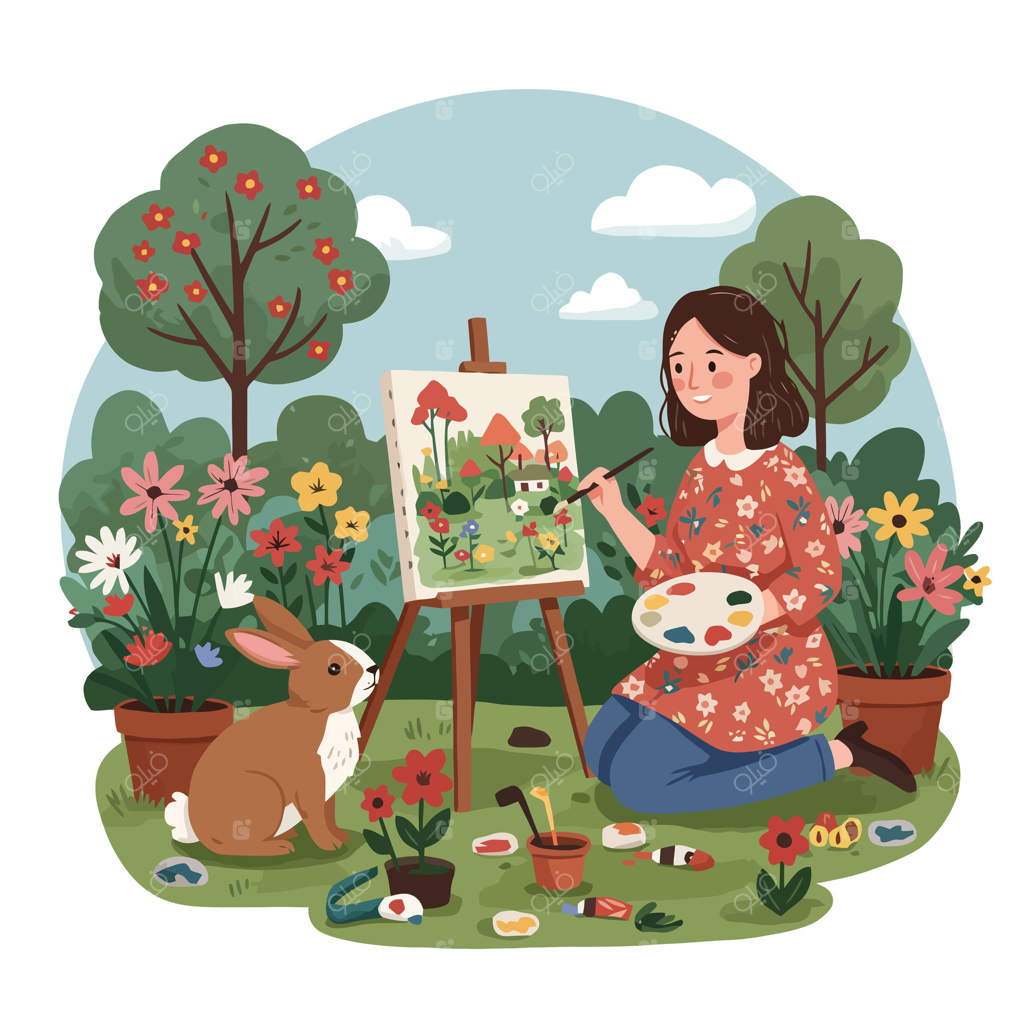 زن در حال نقاشی منظره باغ با خرگوش و گل‌ها روی بوم