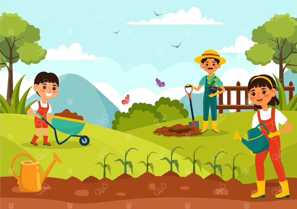 تصویرسازی وکتور کشت سبزیجات با برداشت محصولات طبیعی و ارگانیک در طراحی پس‌زمینه کارتونی کودکان