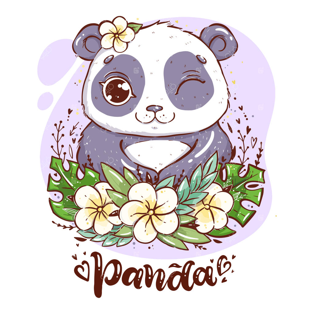 پرتره پاندای بامزه با برگ‌ها و گل‌های استوایی، پاندایی با گل کنار گوش و نوشته دست‌نویس کلمه پاندا