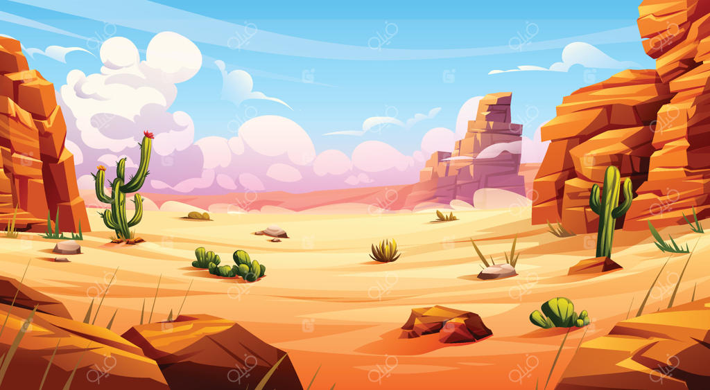 تصویر کارتونی از منظره بیابانی با کاکتوس و صخره‌های سنگی در پس‌زمینه