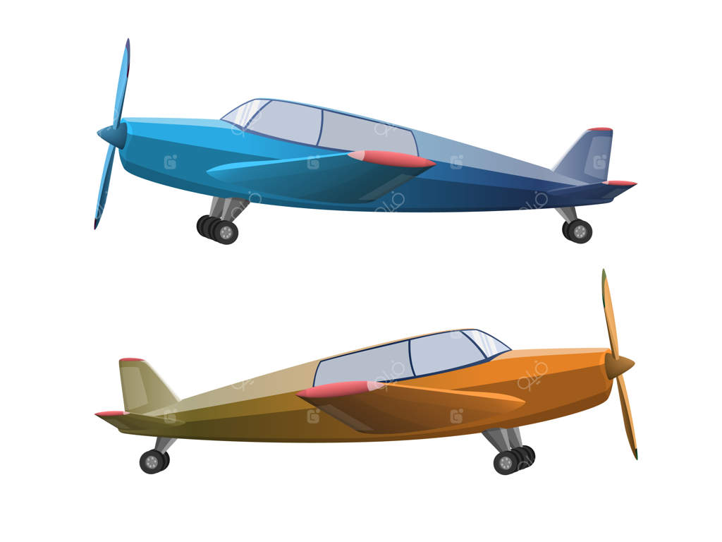 مجموعه‌ای از هواپیماها به سبک کارتونی روی پس‌زمینه سفید. هواپیمای پروانه‌ای کشاورزی، تصویرسازی