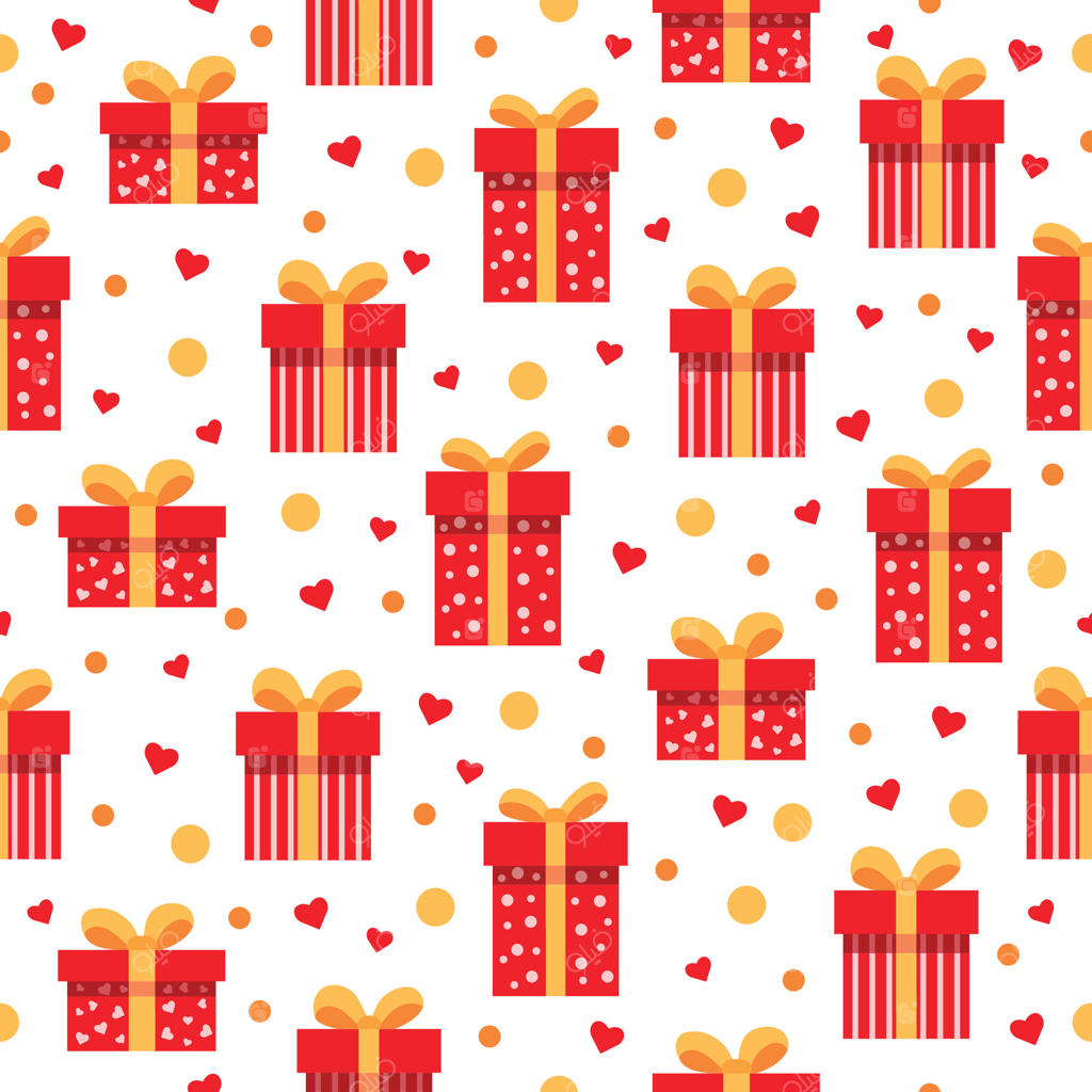 پترن بی‌نقص هدایا با کانفتی و قلب‌ها بر روی زمینه سفید. طرحی با جعبه‌های کادوی قرمز و روبان‌های زرد به سبک کارتونی. کاغذ کادو، طراحی پارچه. هدایا برای کریسمس و تولد.