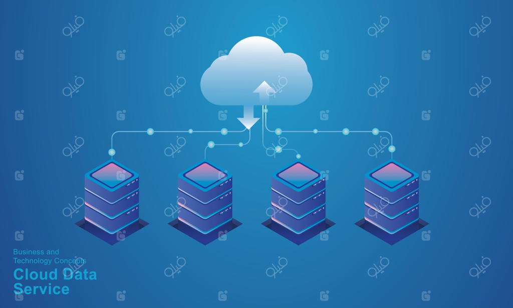 طرح وکتور ایزومتریک اتاق سرور و فناوری رایانش ابری؛ مفهوم ارتباط شبکه، ذخیره‌سازی و تبادل داده‌ها در پایگاه داده سرویس‌های آنلاین